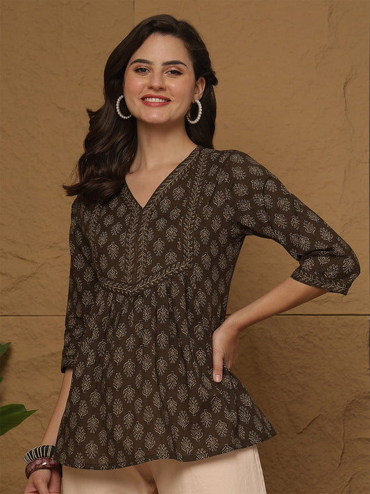 Brown Printed Top for Women | LASVINI - Redefining Indian Fashion with Elegance