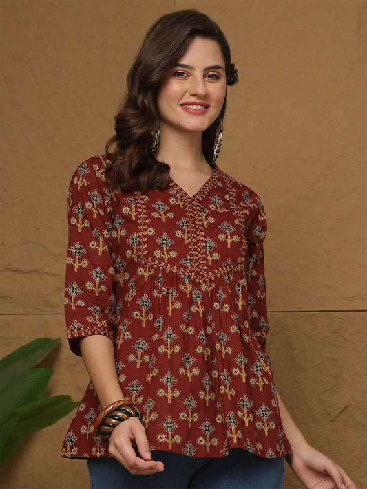 Maroon Printed Top for Women | LASVINI - Redefining Indian Fashion with Elegance