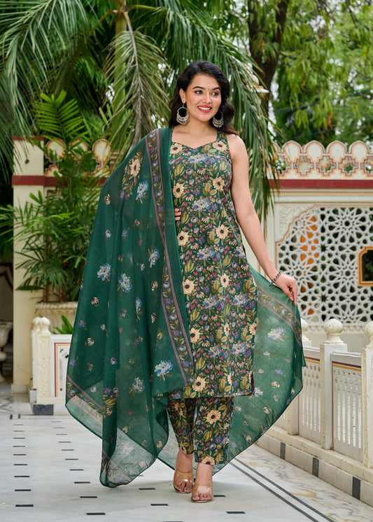 Green Floral Printed Kurta Set with Dupatta for Women | LASVINI - Redefining Indian Fashion with Elegance