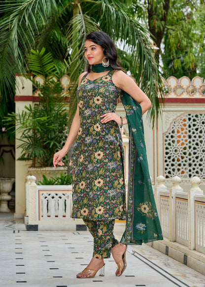Green Floral Printed Kurta Set with Dupatta for Women | LASVINI - Redefining Indian Fashion with Elegance