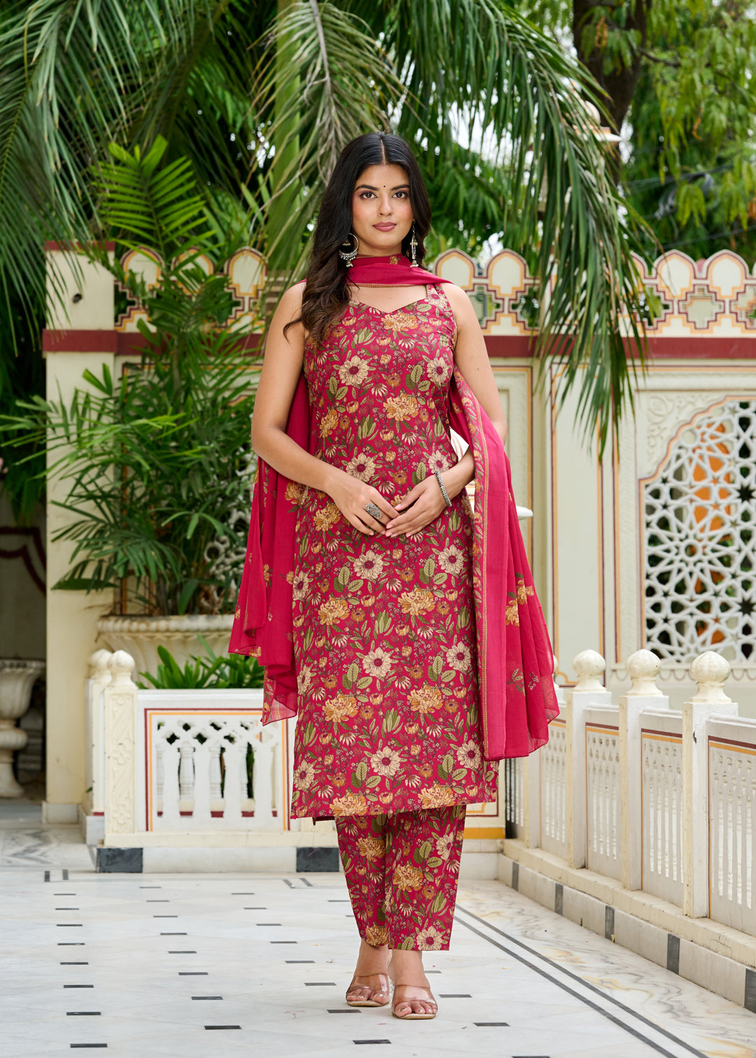 Pink Floral Printed Kurta Set with Dupatta for Women | LASVINI - Redefining Indian Fashion with Elegance
