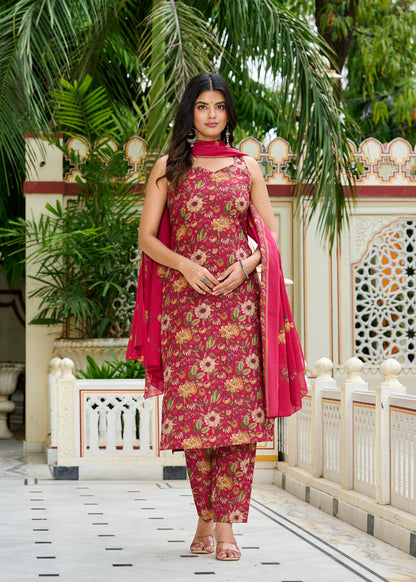 Pink Floral Printed Kurta Set with Dupatta for Women | LASVINI - Redefining Indian Fashion with Elegance