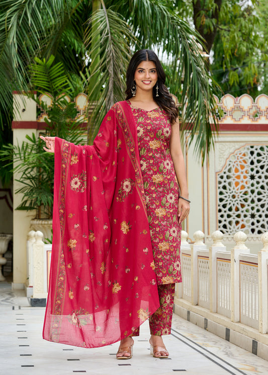 Pink Floral Printed Kurta Set with Dupatta for Women | LASVINI - Redefining Indian Fashion with Elegance