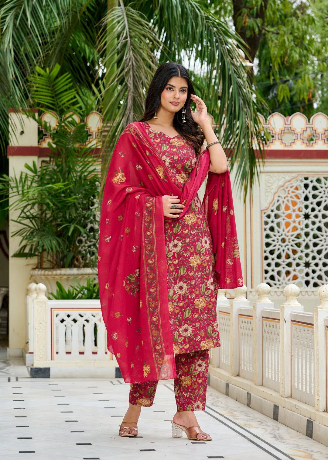 Pink Floral Printed Kurta Set with Dupatta for Women | LASVINI - Redefining Indian Fashion with Elegance