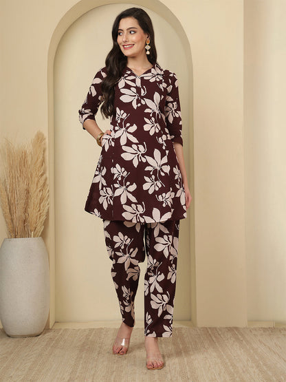Burgundy Floral Printed Co-Ord Set for Women | LASVINI - Redefining Indian Fashion with Elegance