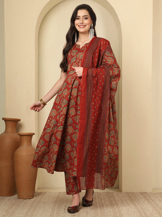 Maroon Printed Kurta Set with Dupatta for Women | LASVINI - Redefining Indian Fashion with Elegance