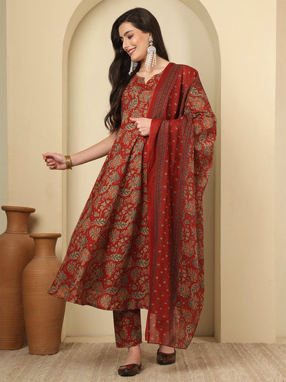 Maroon Printed Kurta Set with Dupatta for Women | LASVINI - Redefining Indian Fashion with Elegance