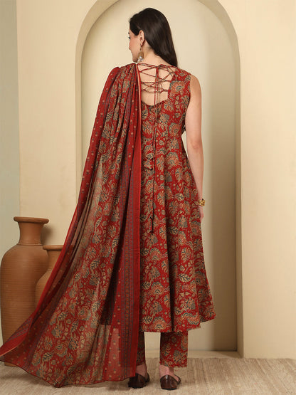 Maroon Printed Kurta Set with Dupatta for Women | LASVINI - Redefining Indian Fashion with Elegance