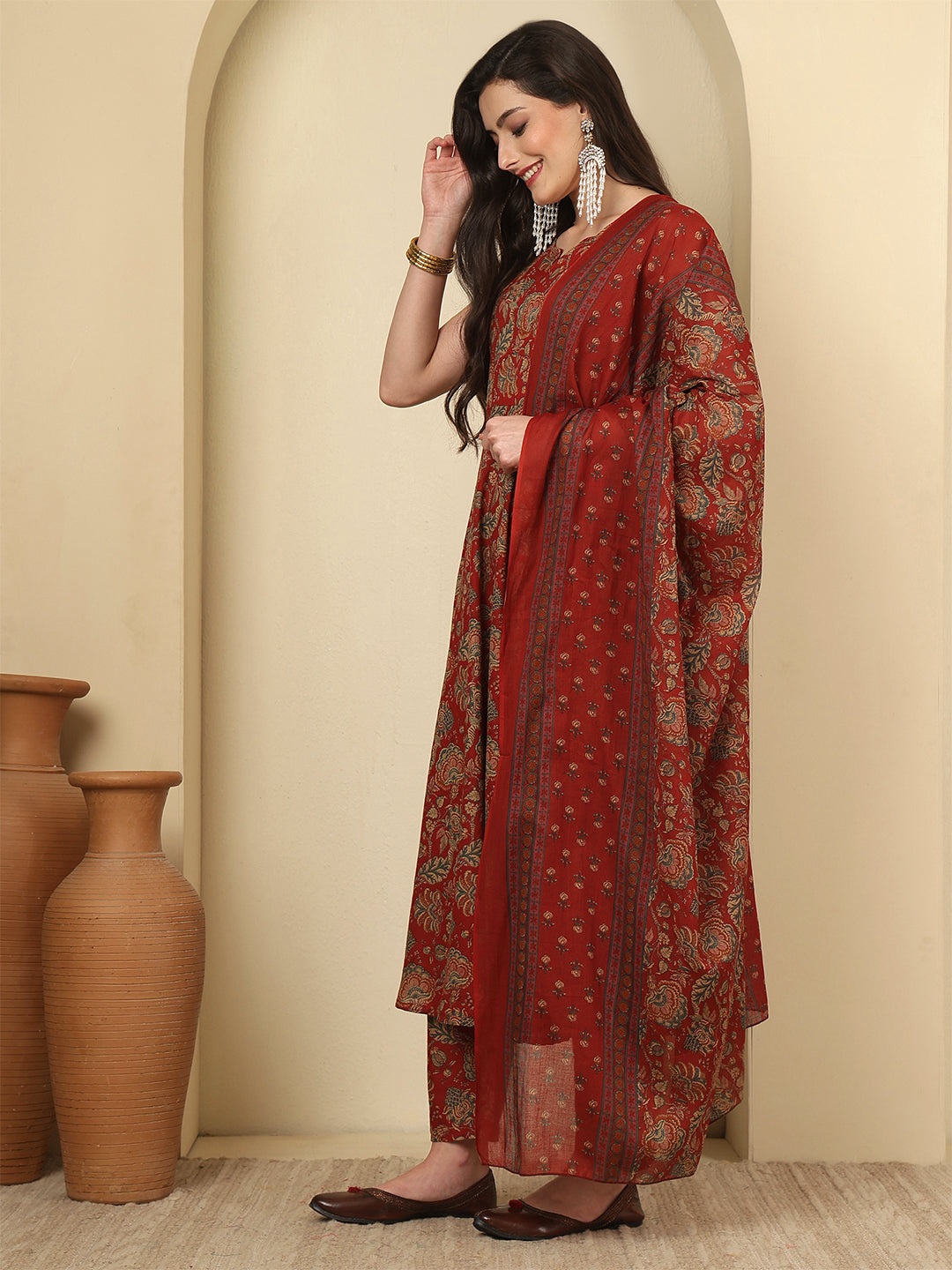Maroon Printed Kurta Set with Dupatta for Women | LASVINI - Redefining Indian Fashion with Elegance