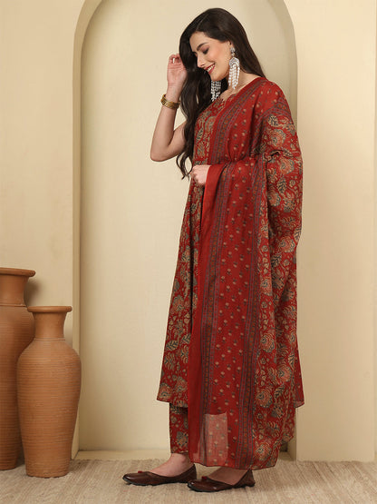 Maroon Printed Kurta Set with Dupatta for Women | LASVINI - Redefining Indian Fashion with Elegance