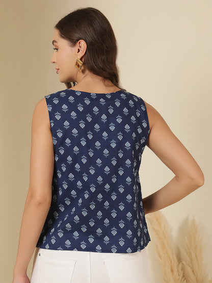 Women Blue Printed Straight Top | LASVINI - Redefining Indian Fashion with Elegance