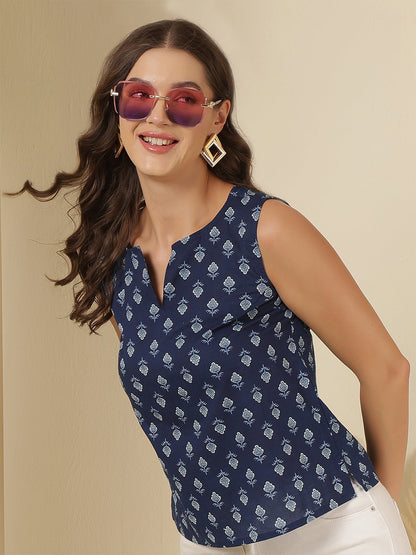 Women Blue Printed Straight Top | LASVINI - Redefining Indian Fashion with Elegance
