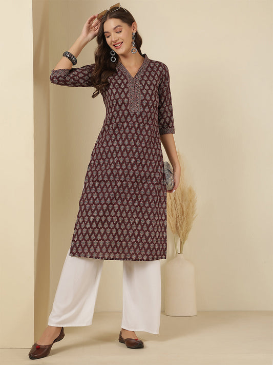 Burgundy Printed Straight Kurta with Three Quarter Sleeves | LASVINI - Redefining Indian Fashion with Elegance