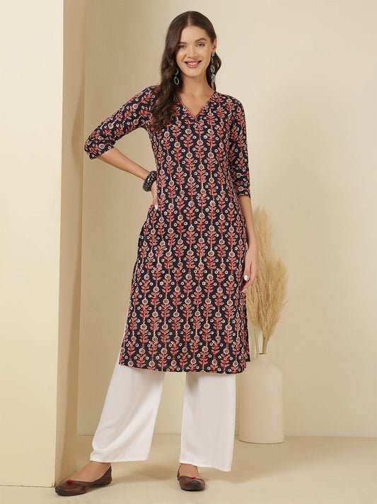 Blue Printed Straight Kurta with Three Quarter Sleeves | LASVINI - Redefining Indian Fashion with Elegance