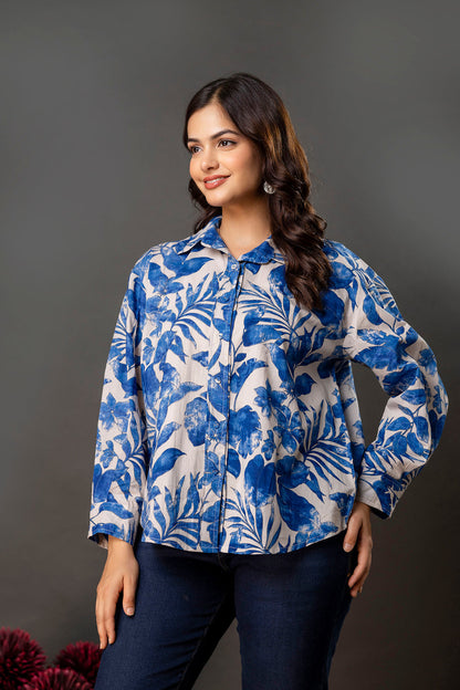 White & Blue Floral Printed Shirt for Women | LASVINI - Redefining Indian Fashion with Elegance
