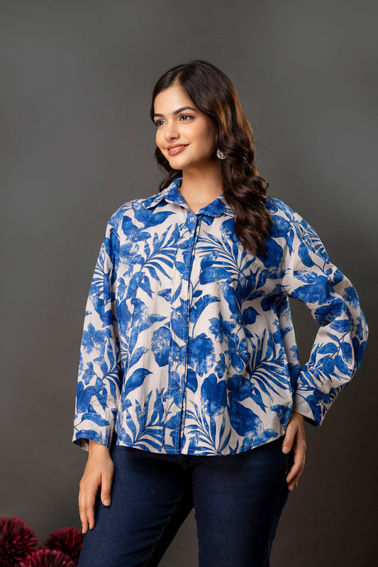 White & Blue Floral Printed Shirt for Women | LASVINI - Redefining Indian Fashion with Elegance