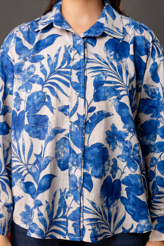 White & Blue Floral Printed Shirt for Women | LASVINI - Redefining Indian Fashion with Elegance