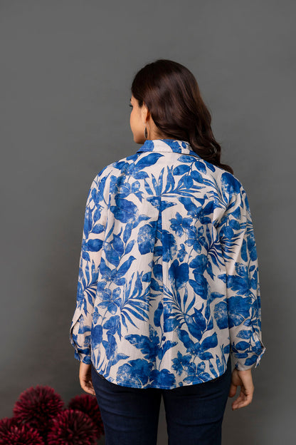 White & Blue Floral Printed Shirt for Women | LASVINI - Redefining Indian Fashion with Elegance