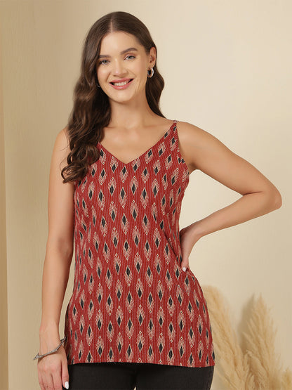Maroon Printed Sleeveless Tunic for Women | LASVINI - Redefining Indian Fashion with Elegance