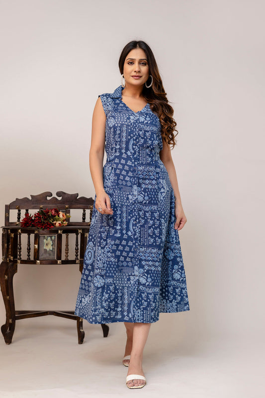 Blue Printed Notched Collar Dress for Women | LASVINI - Redefining Indian Fashion with Elegance