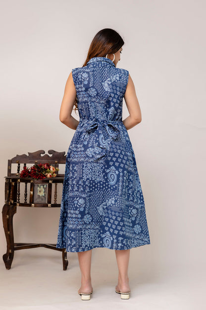 Blue Printed Notched Collar Dress for Women | LASVINI - Redefining Indian Fashion with Elegance