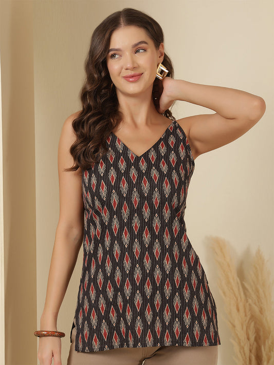 Black Printed Sleeveless Tunic for Women | LASVINI - Redefining Indian Fashion with Elegance