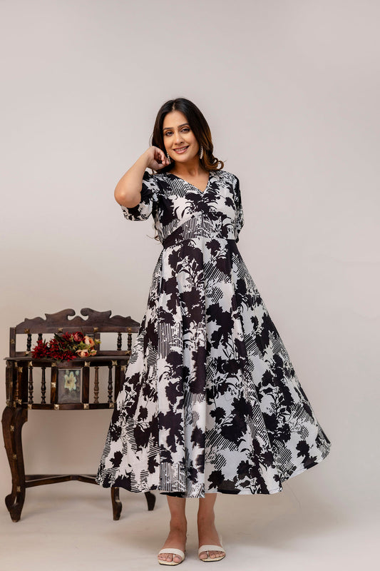 Black Floral Printed Flared Dress for Women | LASVINI - Redefining Indian Fashion with Elegance