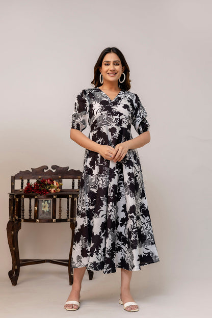 Black Floral Printed Flared Dress for Women | LASVINI - Redefining Indian Fashion with Elegance