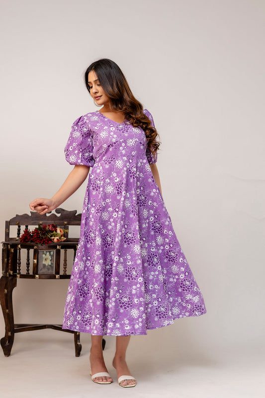 Purple Floral Printed Flared Dress for Women | LASVINI - Redefining Indian Fashion with Elegance