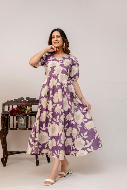 Purple Floral Printed Flared Dress for Women | LASVINI - Redefining Indian Fashion with Elegance