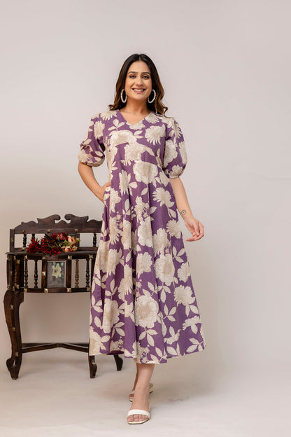 Purple Floral Printed Flared Dress for Women | LASVINI - Redefining Indian Fashion with Elegance