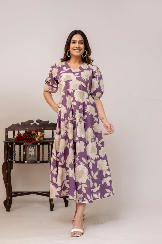 Purple Floral Printed Flared Dress for Women | LASVINI - Redefining Indian Fashion with Elegance