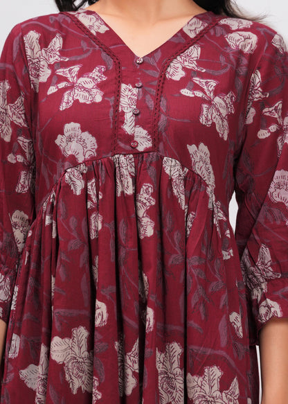 Burgundy Floral Printed Flared Dress for Women | LASVINI - Redefining Indian Fashion with Elegance
