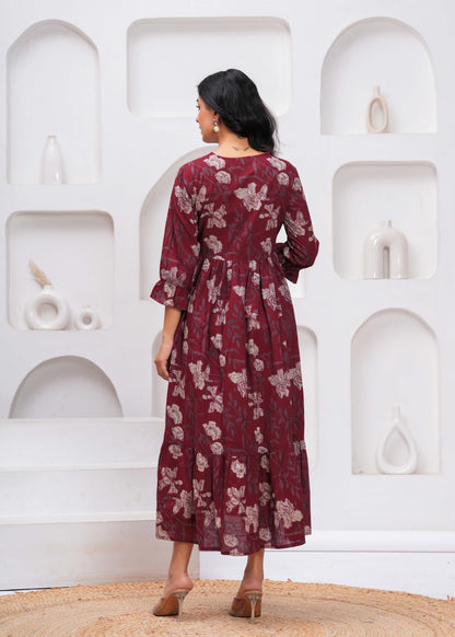 Burgundy Floral Printed Flared Dress for Women | LASVINI - Redefining Indian Fashion with Elegance
