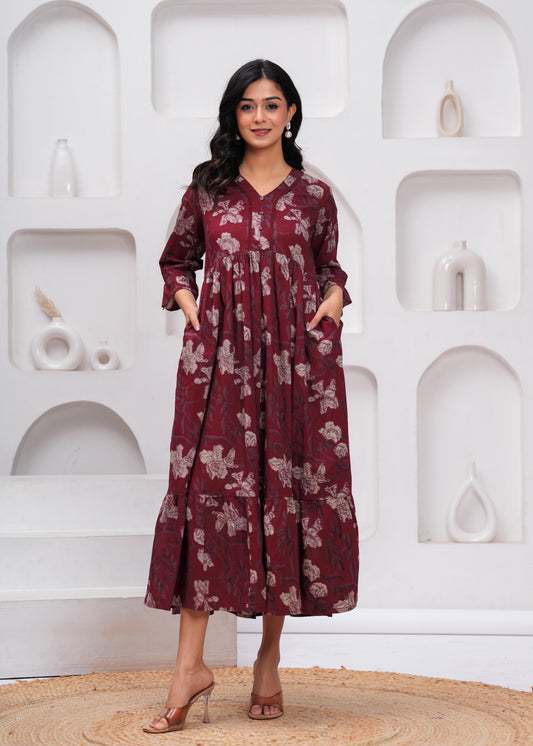 Burgundy Floral Printed Flared Dress for Women | LASVINI - Redefining Indian Fashion with Elegance