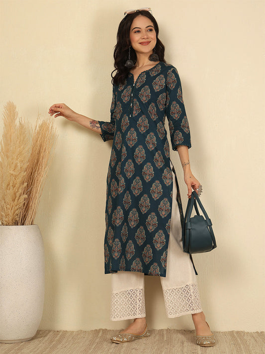 Teal Blue Printed Straight Kurta with Three Quarter Sleeves | LASVINI - Redefining Indian Fashion with Elegance