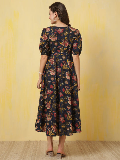 Blue Floral Printed Flared Dress for Women | LASVINI - Redefining Indian Fashion with Elegance