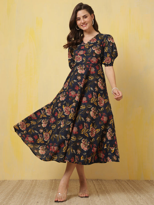 Blue Floral Printed Flared Dress for Women | LASVINI - Redefining Indian Fashion with Elegance