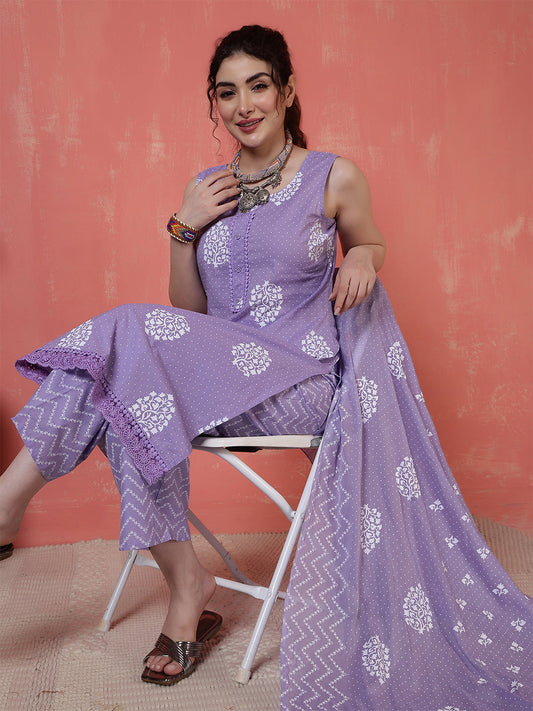 Purple Printed Kurta Set with Dupatta for Women | LASVINI - Redefining Indian Fashion with Elegance