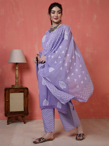 Purple Printed Kurta Set with Dupatta for Women | LASVINI - Redefining Indian Fashion with Elegance