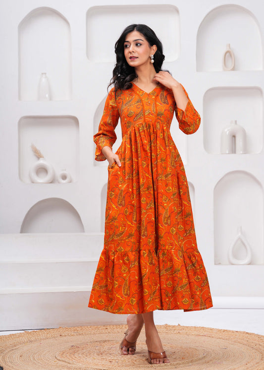 Orange Floral Printed Flared Dress for Women | LASVINI - Redefining Indian Fashion with Elegance