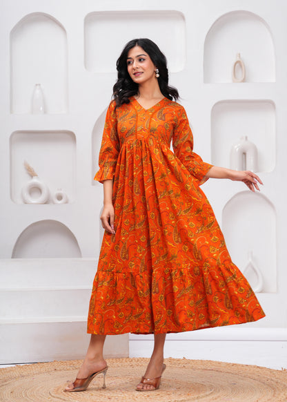 Orange Floral Printed Flared Dress for Women | LASVINI - Redefining Indian Fashion with Elegance
