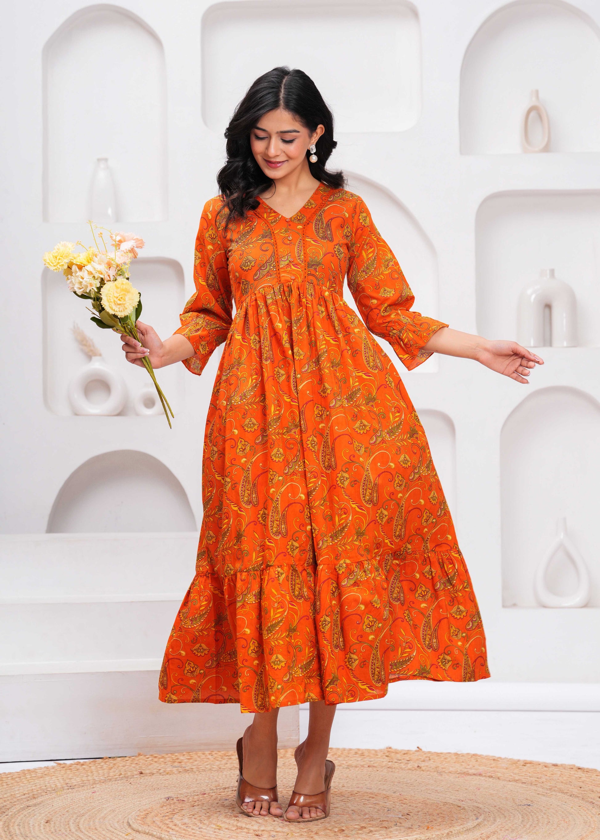 Orange Floral Printed Flared Dress for Women | LASVINI - Redefining Indian Fashion with Elegance