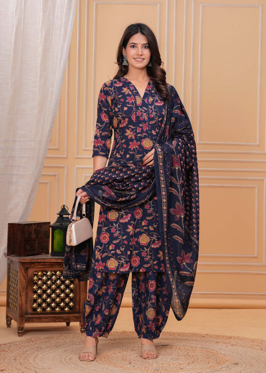 Blue Printed Straight Kurta Set With Dupatta for Women | LASVINI - Redefining Indian Fashion with Elegance