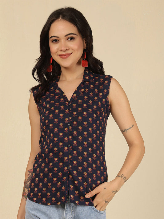 Women Blue Printed Straight Top | LASVINI - Redefining Indian Fashion with Elegance