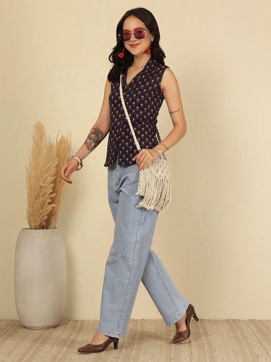 Women Blue Printed Straight Top | LASVINI - Redefining Indian Fashion with Elegance