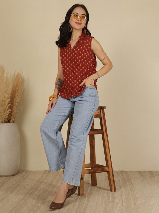 Women Maroon Printed Straight Top | LASVINI - Redefining Indian Fashion with Elegance
