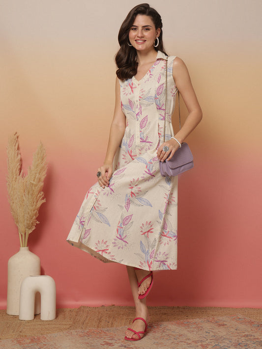 White Printed Notched Collar Dress for Women | LASVINI - Redefining Indian Fashion with Elegance