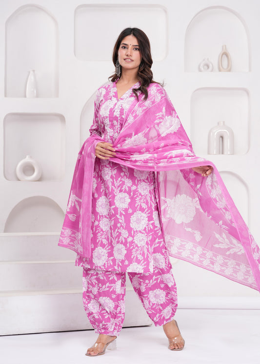 Pink Printed Straight Kurta Set With Dupatta for Women | LASVINI - Redefining Indian Fashion with Elegance