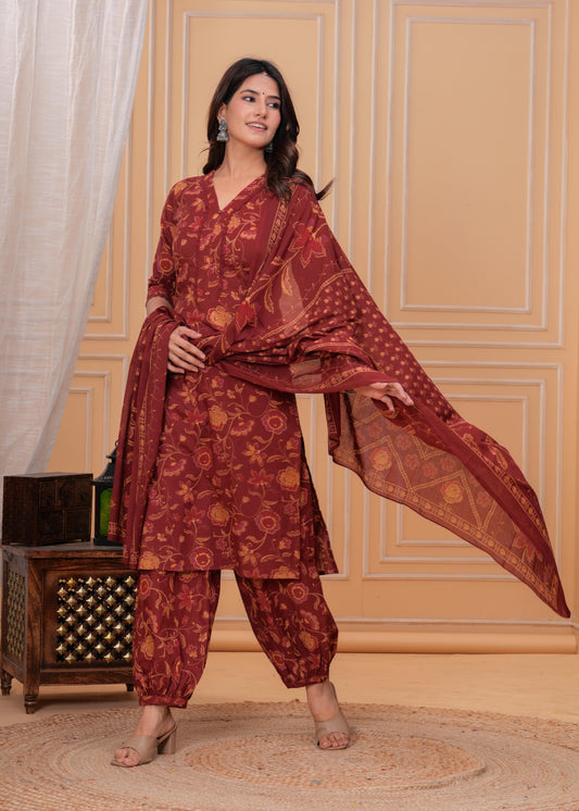 Maroon Printed Straight Kurta Set With Dupatta for Women | LASVINI - Redefining Indian Fashion with Elegance